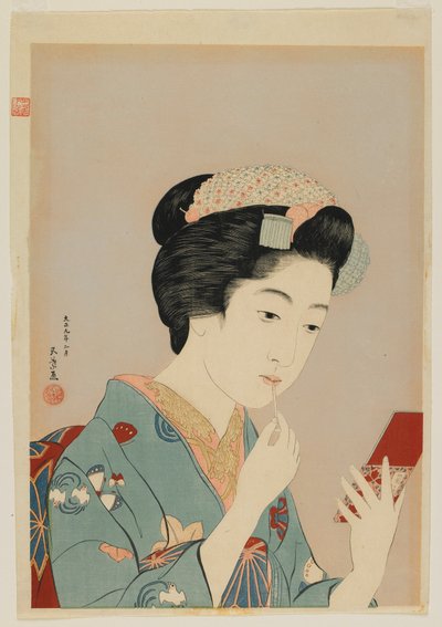Mujer Aplicando Pintalabios, era Taisho, febrero de 1920 (grabado en madera a color) de Goyo Hashiguchi