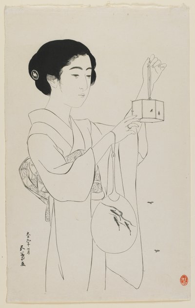 Mujer Sosteniendo una Jaula de Luciérnagas, era Taisho, julio de 1920 de Goyo Hashiguchi