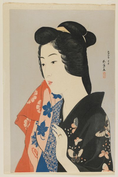 Mujer sosteniendo una toalla, era Taisho, octubre de 1920 de Goyo Hashiguchi