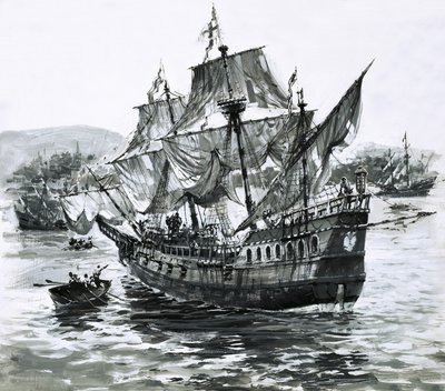 El barco de Drake, el Golden Hind, regresa cojeando a Portsmouth cargado de inmensas riquezas de Graham Coton