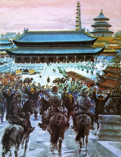 Marco Polo, con su padre y su tío, acercándose al palacio del Gran Khan, siglo XX (litografía) de Graham Coton