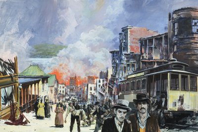 Incendio y terremoto de San Francisco de 1906 (gouache sobre papel) de Graham Coton