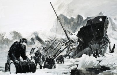 Pecio de barco no identificado en un glaciar helado de Graham Coton