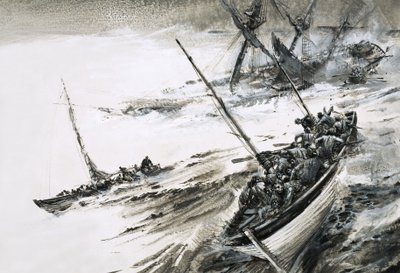 Naufragio no identificado con botes salvavidas escapando en mares tormentosos de Graham Coton