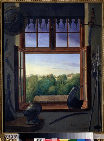 Vista del Parque de Alejandro desde la ventana de la armería del Palacio de Tsarkoye Selo (actual Pushkin). Trabajo de la de Grand Duchess Maria Nikolaevna of Russia