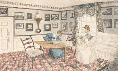Dos mujeres jóvenes escribiendo y cosiendo en un interior en Hatton, Warwickshire, 1820-30 de Granddaughters of Dr. Samuel Parr.