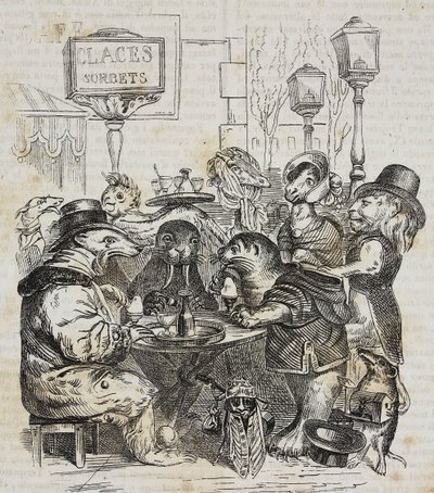 Bestias sentadas en una heladería, litografía de Giovanni Mariani después de una caricatura de Jean-Jacques Grandville de Poliorama Pittoresco, n 24, 21 de enero de Grandville