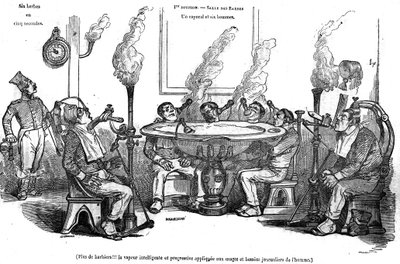 Caricatura de Grandville que representa a un cabo y sus hombres en la Salle des Barbes sentados con una máquina de vapor afeitándolos sin la ayuda de un barbero. En 