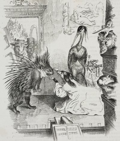 Perro y puercoespín, caricatura de Jean-Jacques Grandville (1803-1847), litografía de Giovanni Mariani de Poliorama Pittoresco, n 38, 30 de abril de Grandville