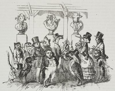 Salida del teatro, caricatura de Jean-Jacques Grandville, litografía de Giovanni Mariani de Poliorama Pittoresco, n 39, 7 de mayo de Grandville