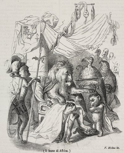 León de África, personaje de la historia del León Africano y tres leones jóvenes nativos, litografía de Filippo Molino después de un dibujo de Jean-Jacques Grandville de Grandville