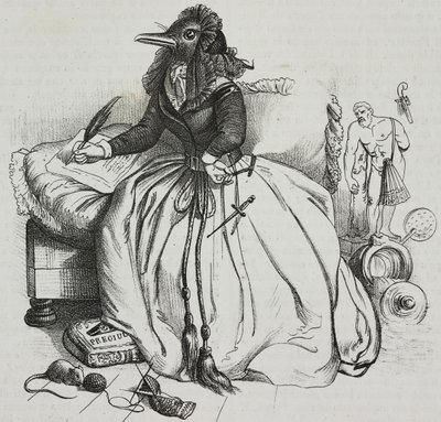 Mujer letrada, caricatura de Jean-Jacques Grandville (1803-1847), litografía de Giovanni Mariani de Poliorama Pittoresco, n 18, 11 de diciembre de Grandville