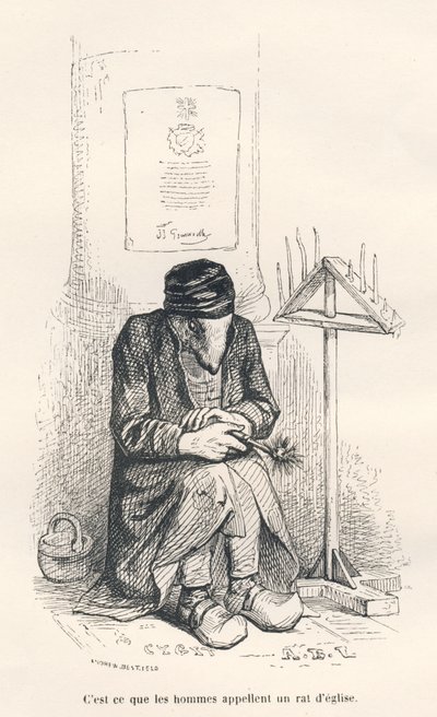 Rata de iglesia. Viñetas ilustradas por JJ Granville. Grabado firmado por Andrew, Best y Leloir en la parte titulada "El ratón filósofo" escrito por Edouard Lemoine en "Escenas de la vida privada y pública de los animales". París, J. Hetzel y Paulin de Grandville