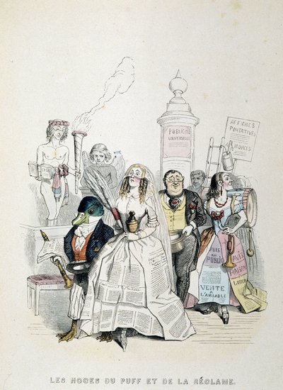 La boda del Puff y la Publicidad (caricatura sobre la abundancia de publicidad en la prensa) - por Grandville de Grandville