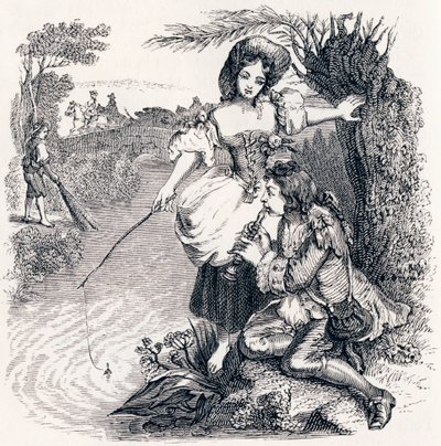 Los peces y el pastor que toca la flauta - Fábulas de La Fontaine de Grandville