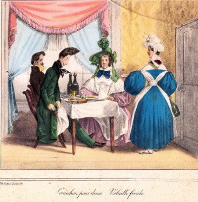 La tarjeta viva del restaurador: Pepinillo para dos, pollo frío 1831-32 de Grandville