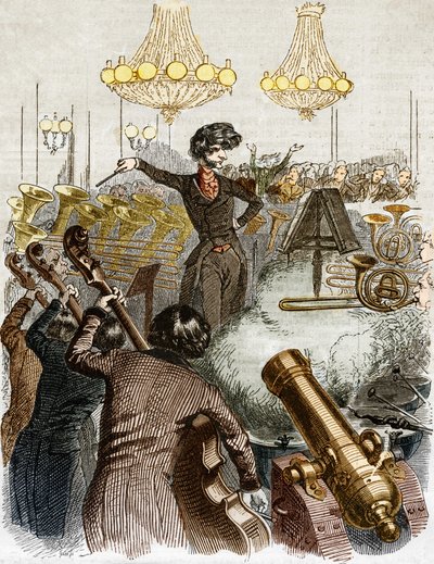 Un concierto tiene una ametralladora. Caricatura de Hector Berlioz dirigiendo una orquesta. En "Jerome Paturot en busca de una posición social" ilustrado por Grandville. de Grandville