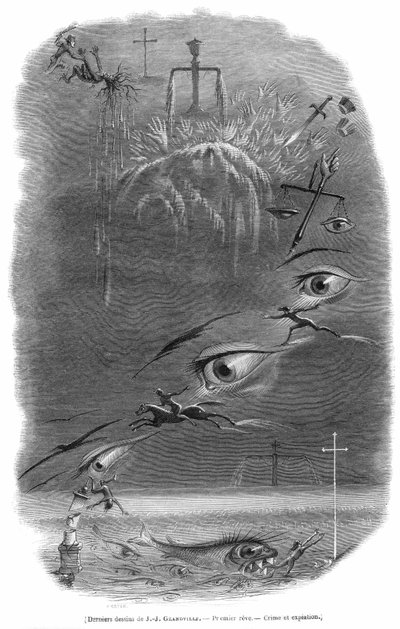 Una escena soñada por el dibujante Grandville durante una pesadilla que acaba de preceder a su muerte. Georges Bataille escribió sobre este grabado: el criminal sueña que acaba de golpear a un hombre en un bosque oscuro.. Se esparcía sangre humana y, sigui de Grandville (1803 47)