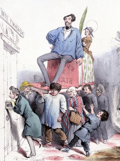 Alfred de Vigny llamando a la puerta de la Academia con sus obras completas, y Eugène Sue, sentado en “Los misterios de París”, vestido con el paletó de lona azul del Príncipe Rodolfo - por Grandville, en “Le Charivari” del 21/02/1844 de Grandville