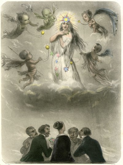 Alegoría de una joven rodeada de 4 suspirantes, que se compara con un planeta alrededor del cual gravitan cuatro satélites, uno de los cuales se convertirá en su sol. Grabado de Grandville que ilustra un capítulo del libro de Mery: "Las estrellas" de Grandville (1803 47)