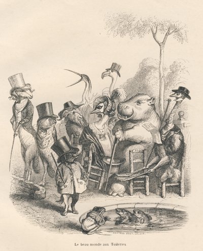 Animales con trajes elegantes paseando por las Tullerías. Viñetas ilustradas por JJ Granville. Grabado firmado Andrew, Best y Leloir en la parte "Historia de una liebre" escrito por PJ Stahl en "Escenas de la vida privada y pública de los animales". París de Grandville