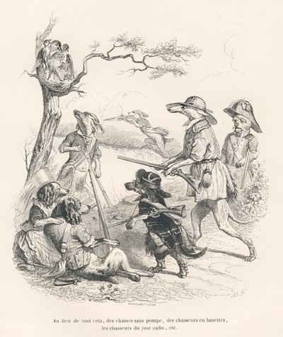Animales cazadores. Viñetas ilustradas por JJ Granville. Grabado firmado Andrew, Best y Leloir en la parte titulada "Recuerdos de una vieja corneja" escrito por PJ Stahl en "Escenas de la vida privada y pública de los animales". París, J. Hetzel y Paulin de Grandville