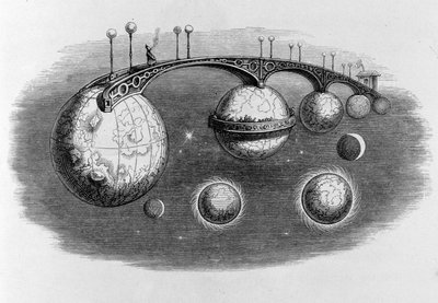 Puente que conecta varios planetas entre sí - grabado por Grandville de Grandville