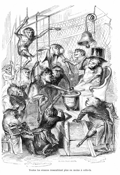 Viñeta: La Chambre des Deputes vue comme un Palais des Monpes - Grabado de Grandville, extraído del libro "Vida privada y pública de los animales (Les animaux painted pa them memes)", Hetzel edición 1867 p. 566 - Capítulo titulado "Tablas de la Gira de Grandville (1803 47)