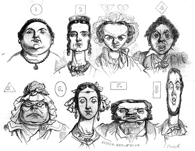 Caricaturas que ilustran las diferentes formas de rostro, expresiones, asociándolas con características morales distintas por Jean Ignace Isidore Gerard Grandville (1803 -1847). En "La tienda pintoresca" 1835 de Grandville