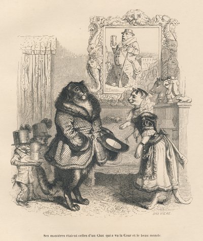 Gato de corte saludando a una joven gata. Viñetas ilustradas por JJ Granville. Grabado firmado Breviere en la parte titulada "Penas de corte de una gata inglesa" escrito por Honoré de Balzac en "Escenas de la vida privada y pública de los animales". París, de Grandville