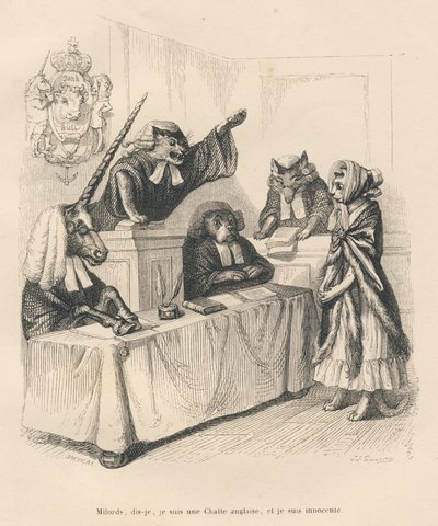 Gata defendiéndose en un tribunal constituido por un unicornio, un gato, un perro y un lobo. Viñetas ilustradas por JJ Granville. Grabado firmado por Breviere en la parte titulada "Penas de corte de una gata inglesa" escrito por Honoré de Balzac en "Escena de Grandville