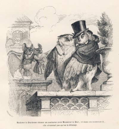 Murciélago escuchando a un búho y una lechuza cantar. Viñetas ilustradas por JJ Granville. Grabado firmado por Breviere en la parte titulada "Recuerdos de una vieja corneja" escrito por PJ Stahl en "Escenas de la vida privada y pública de los animales". Pa de Grandville