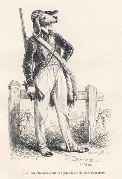 Perro con ropa de caza. Viñetas ilustradas por JJ Granville. Grabado firmado Caque en la parte titulada "Recuerdos de una vieja corneja" escrito por PJ Stahl en "Escenas de la vida privada y pública de los animales". París, J. Hetzel y Paulin de Grandville