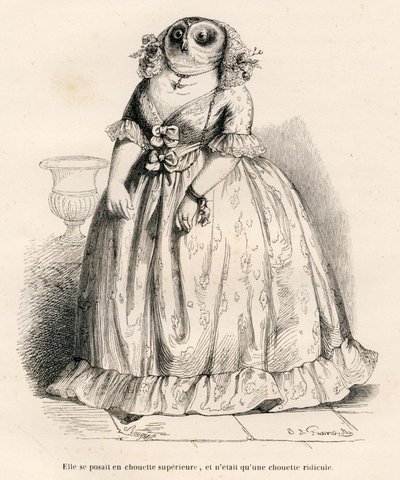 Búho que se creía superior pero que es ridículo. Viñetas ilustradas por JJ Granville. Grabado firmado por Rouget en la parte titulada "Recuerdos de una vieja corneja" escrito por PJ Stahl en "Escenas de la vida privada y pública de los animales". París, J. de Grandville