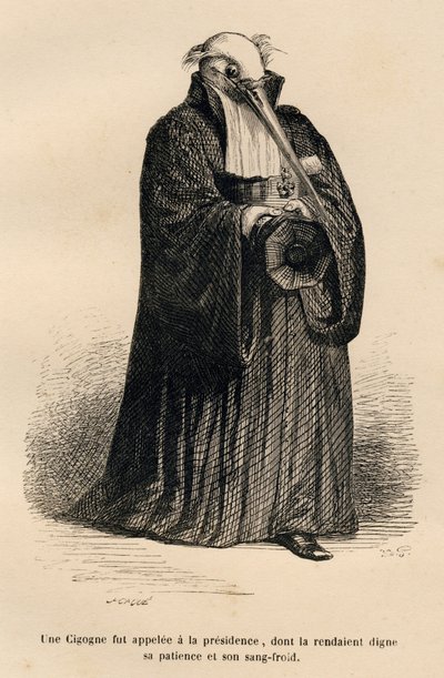 Cigüeña como juez. Viñetas ilustradas por JJ Granville. Grabado firmado por Caque en la parte titulada "Corte criminal de justicia animal" escrito por Emile de La Bédollière en "Escenas de la vida privada y pública de los animales". París, J. Hetzel y Paul de Grandville
