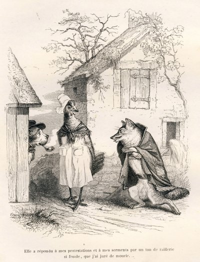 Conversación entre un perro, una gallina y un zorro. Viñetas ilustradas por JJ Granville. Grabado firmado por Godard en la parte titulada "Un zorro atrapado" escrito por Charles Nodier en "Escenas de la vida privada y pública de los animales". París, J. He de Grandville