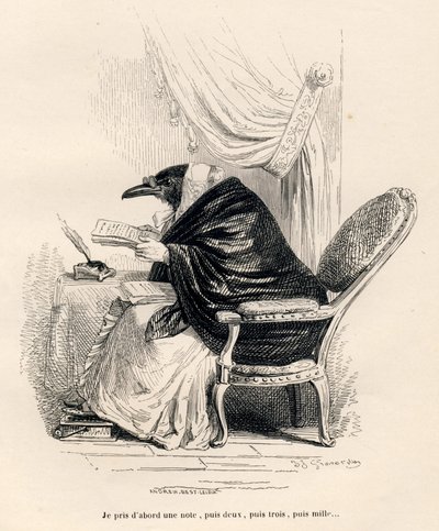 Cuervo escribiendo. Viñetas ilustradas por JJ Granville. Grabado firmado por Andrew, Best y Leloir en la parte titulada "Recuerdos de una vieja corneja" escrito por PJ Stahl en "Escenas de la vida privada y pública de los animales". París, J. Hetzel y Paul de Grandville