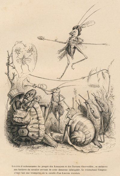 Grillo tocando la trompeta frente a una tortuga, un caracol y babosas. Sobre él, otro grillo equilibrista caminando sobre un hilo. Viñetas ilustradas por JJ Granville. Grabado firmado por Godard en la parte titulada "Las aventuras de una mariposa" de Grandville
