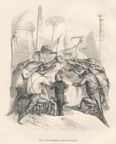 Cocodrilos alrededor de una mesa en Egipto. Vinetas ilustradas por JJ Granville. Grabado firmado por Andrew, Best y Leloir en la parte titulada "Memorias de un cocodrilo" escrito por Emile de La Bedolliere en "Escenas de la vida privada y pública de los an de Grandville
