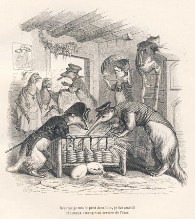 Tan pronto como puse un pie en la isla, fui asaltado por animales extraños al servicio del estado. Viñetas ilustradas por JJ Granville. Grabado firmado por Porret en la parte titulada "Viaje de un gorrión de París" escrito por George Sand en "Escenas de la de Grandville