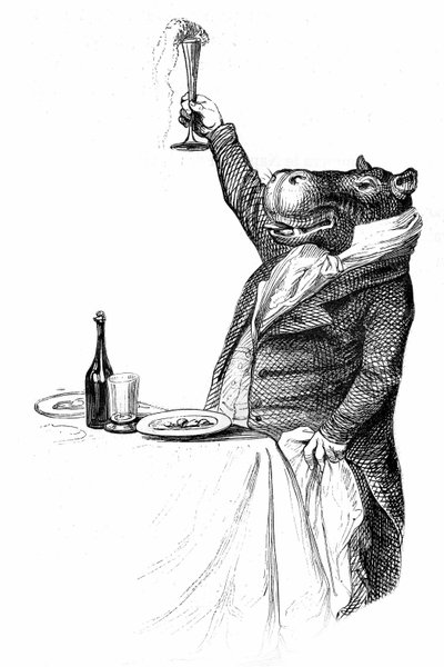 Detalle de un grabado de Grandville, extraído del libro Vida privada y pública de los animales (Les animaux ints par eux memes), edición Hetzel 1867 - Hipótamo mundano en una mesa levantando su copa y brindando. de Grandville (1803 47)