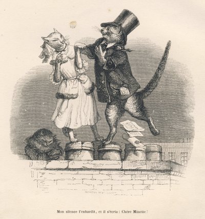 Dos gatos seduciéndose en un tejado. Vinetas ilustradas por JJ Granville. Grabado firmado por Andrew, Best y Leloir en la parte titulada "Peines de cour d