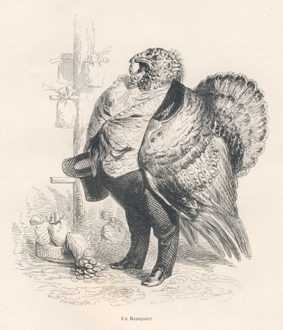 Pavo en banquero. Viñetas ilustradas por JJ Granville. Grabado firmado Tamisier en la parte titulada "Recuerdos de una vieja corneja" escrito por PJ Stahl en "Escenas de la vida privada y pública de los animales". París, J. Hetzel y Paulin de Grandville