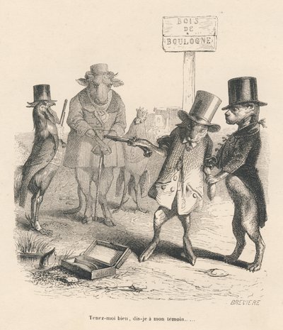 Duelo en el bosque de Boulogne. Viñetas ilustradas por JJ Granville. Grabado firmado Breviere en la parte "Historia de una liebre" escrito por PJ Stahl en "Escenas de la vida privada y pública de los animales". París, J. Hetzel y Paulin de Grandville