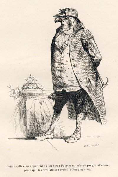 Halcón arruinado por las revoluciones. Viñetas ilustradas por JJ Granville. Grabado firmado por Breviere en la parte titulada "Recuerdos de una vieja corneja" escrito por PJ Stahl en "Escenas de la vida privada y pública de los animales". París, J. Hetzel  de Grandville