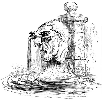 Fuente con frontón de cabeza humana: las gafas del hombre son grifos de los que mana agua. Detalle de un grabado de Grandville (Jean Ignace Isidore Gerard de Grandville (1803 47)