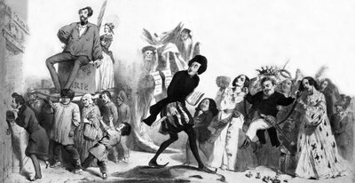 Escritores románticos franceses (Alfred de Vigny, Victor Hugo, Alejandro Dumas padre, Honore de Balzac ) que quieren entrar en la Academia Francesa pero las puertas están cerradas, grabado de Grandville (1803 47)