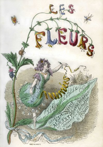 Frontispicio del libro "Les Fleurs animees", ilustrado por Grandville, grabado coloreado con estarcido. Edición Gonet 1857 de Grandville (1803 47)