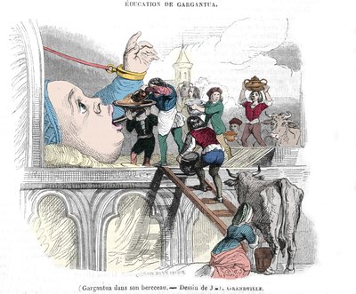 Gargantúa, personaje de las novelas de François Rabelais (1483-1553), escritor francés: "La educación de Gargantúa". Gargantúa en su cuna. Ilustración de Gérard Grandville (1803-1847) siglo XIX de Grandville