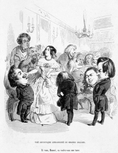 George Sand (Aurore Dupin, Baronesa Dudevant) (1804-1876) rodeada por 4 escritores: Eugene Sue, Honoré de Balzac, Franz Liszt y Victor Hugo - en “En busca de una posición social” por Jerome Paturot de Grandville